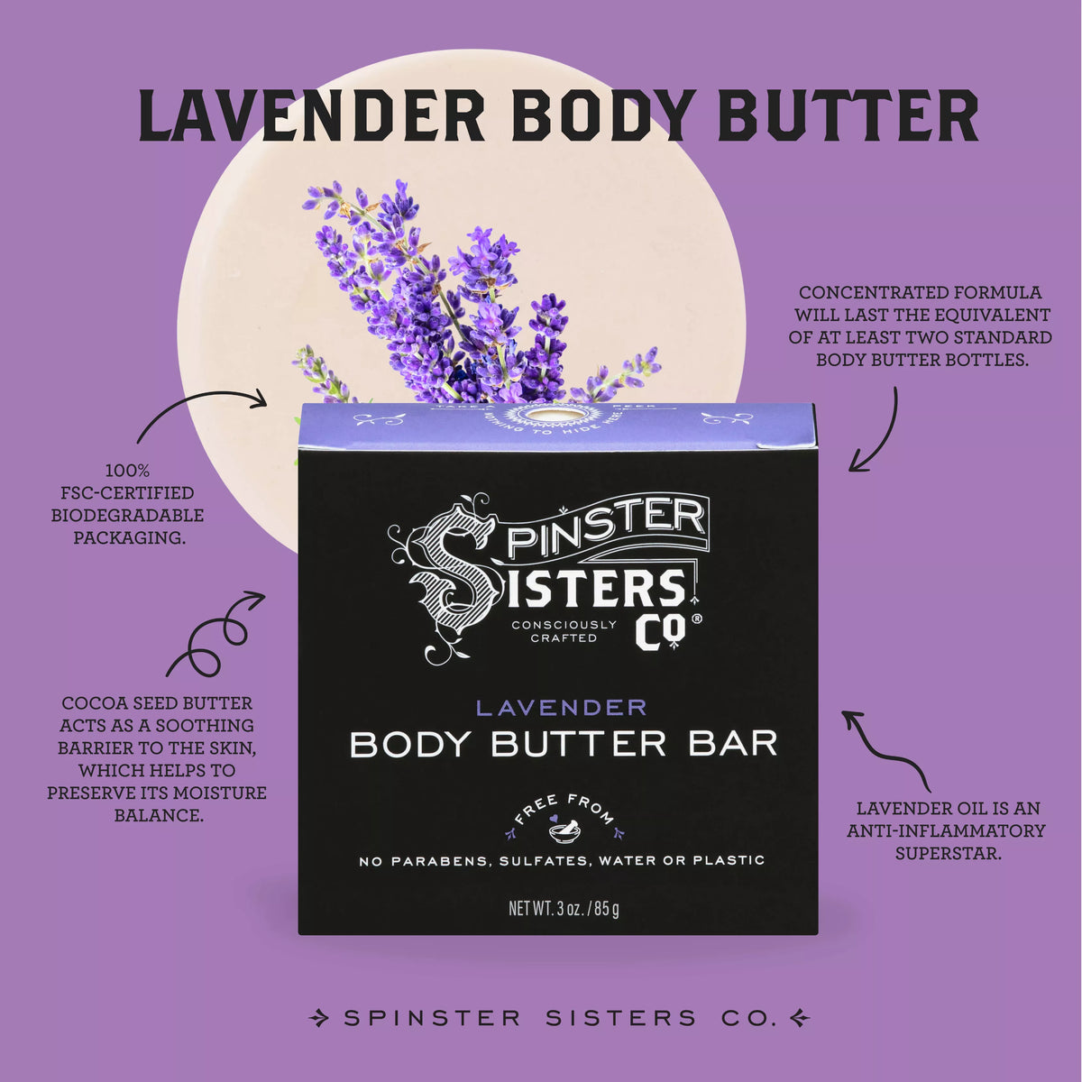 Spinster Sisters Body Butter Bar with lavender, shown in a close-up image highlighting its smooth texture and lavender scent.