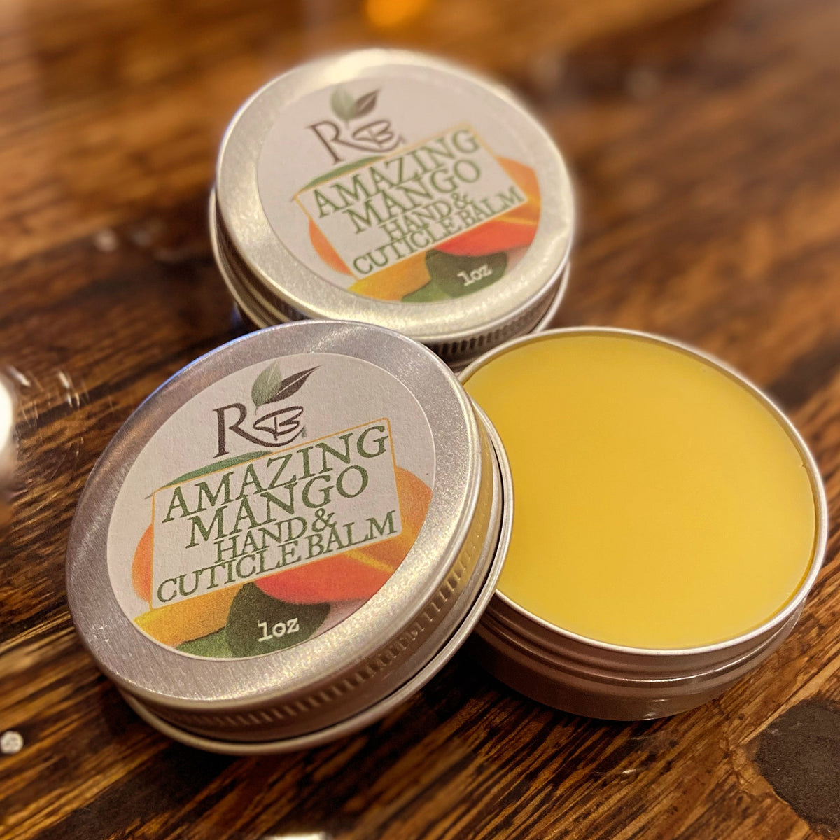 Rainwater Botanicals Amazing Mango Hand & Cuticle Balm in a jar, featuring rich mango butter for nourishing hands and cuticles.