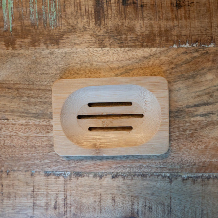 Rectangular bamboo soap dish from OTB Refills, showcasing smooth bamboo slats and a natural finish for bathroom organization.