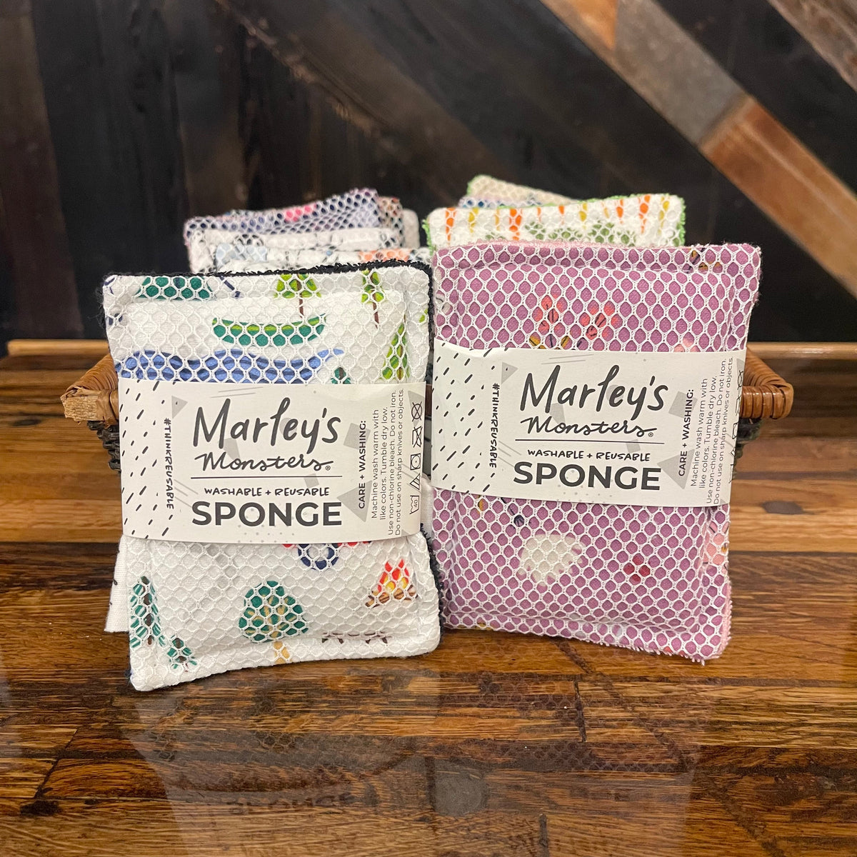 Reusable washable sponge by Marley's Monsters, soft and durable for eco-friendly cleaning, shown in close-up view.