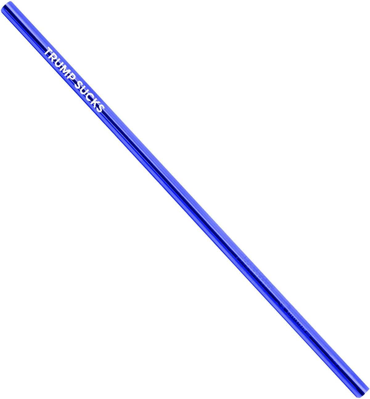 Stainless steel straw with "Trump Sucks" engraving by Shuki, sleek and reusable drinking straw on a white background.