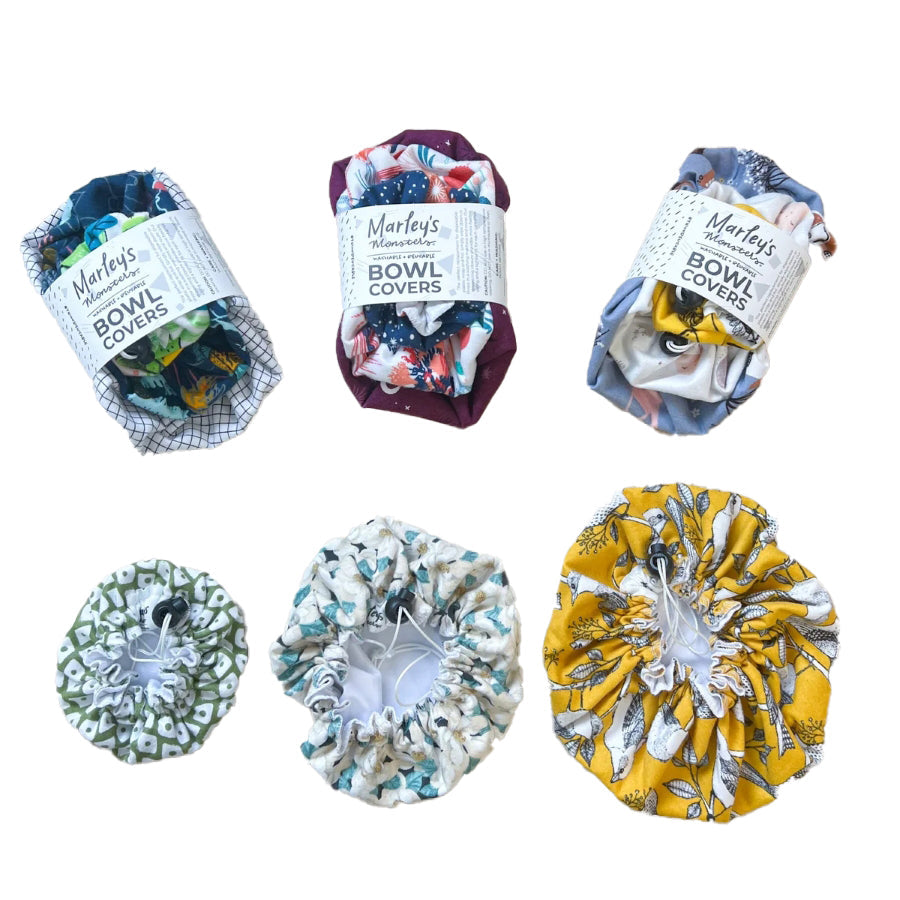Set of three reusable bowl covers by Marley's Monsters, eco-friendly silicone and fabric covers for bowls and containers.