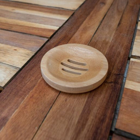 Round bamboo soap dish by OTB Refills, showcasing smooth bamboo material with drainage holes for soap storage.