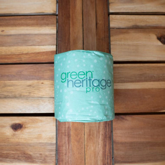 Recycled toilet paper roll from Green Paper Products with 500 sheets, showcasing soft, eco-friendly paper on a white background.