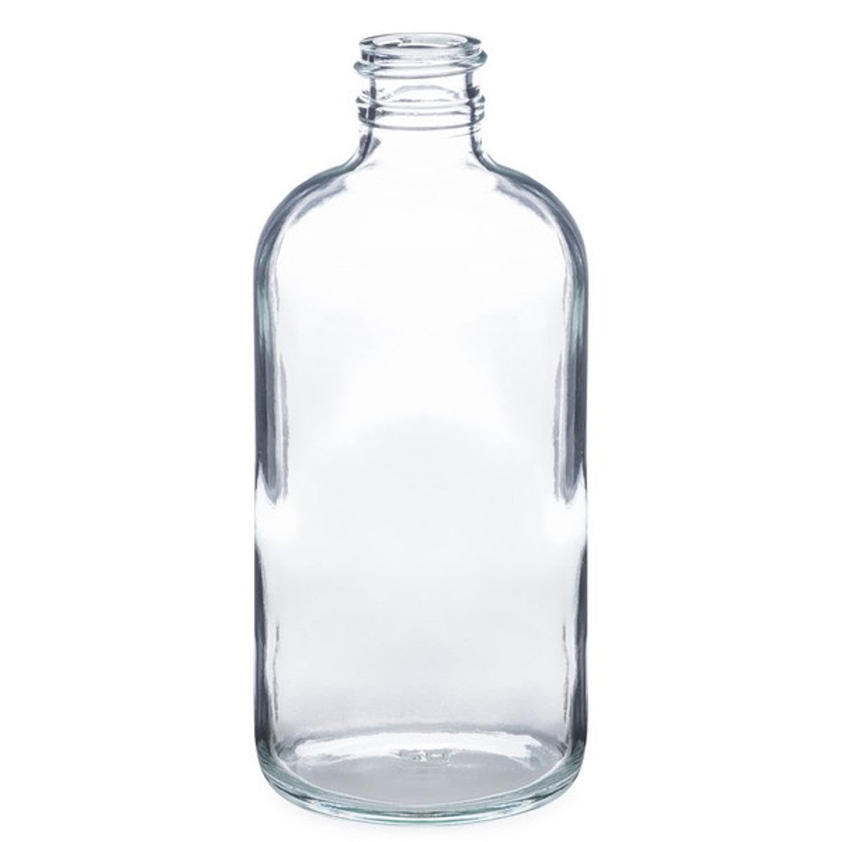 Set of clear glass Boston bottles in 16 oz, 8 oz, and 2 oz sizes by OTB Refills, showcasing their sleek, refillable design.