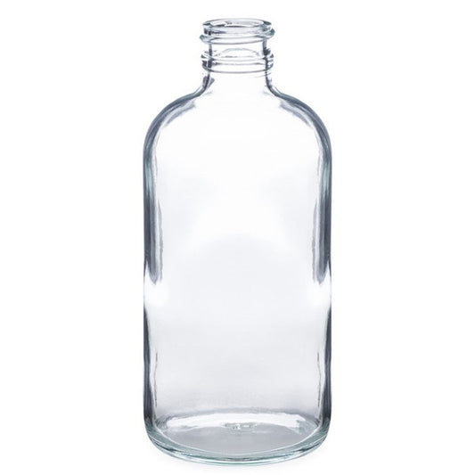 Set of clear glass Boston bottles in 16 oz, 8 oz, and 2 oz sizes by OTB Refills, showcasing their sleek, refillable design.