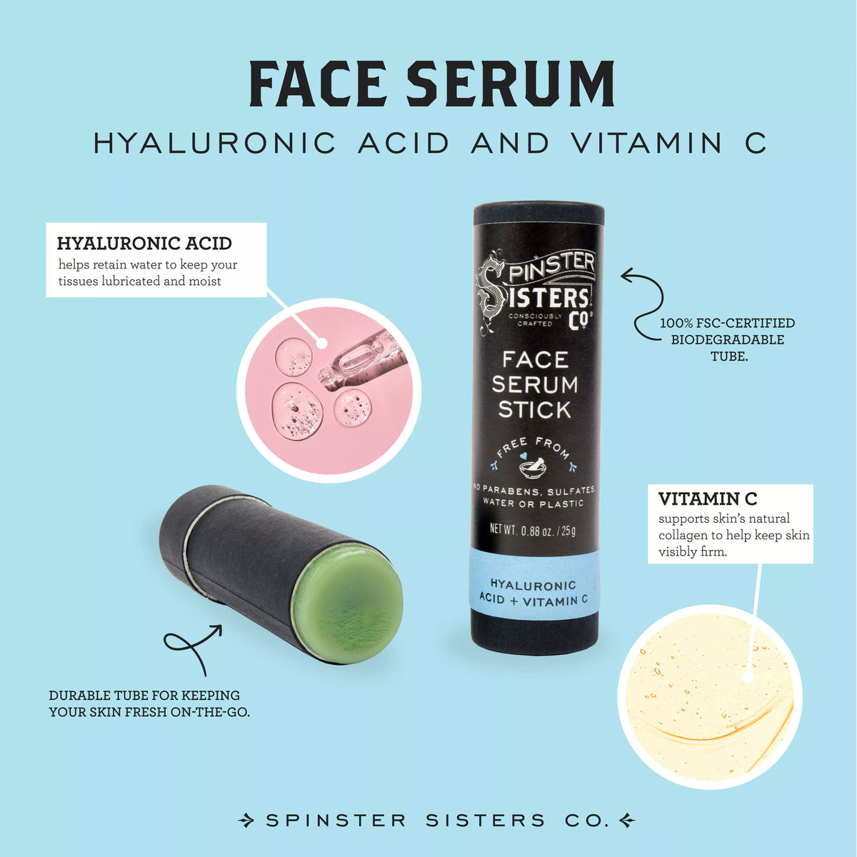 Spinster Sisters face serum stick with hyaluronic acid and vitamin C, showing the sleek applicator and vibrant packaging.