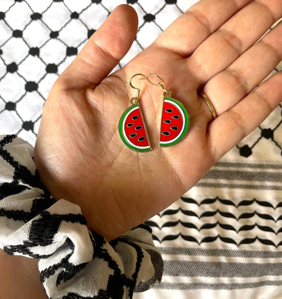 Palestine Watermelon Drop Earrings by Stitch4pali featuring red, green, and white watermelon-inspired bead drops on silver hooks