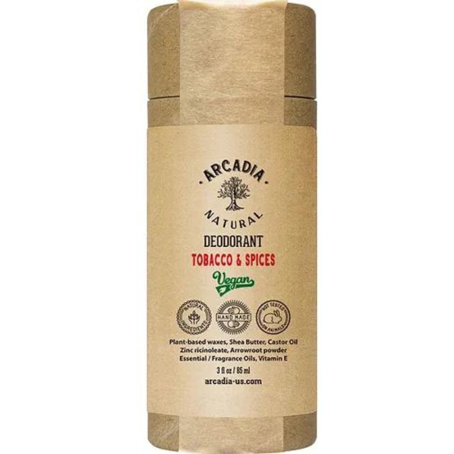 Natural tobacco and spice scented deodorant by Arcadia Naturals in a sleek stick container.