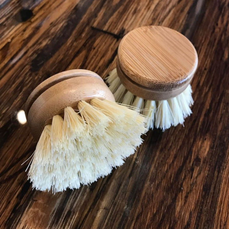 OTB Refills bamboo scrub brush head replacement with natural bamboo handle and bristles for gentle cleaning.