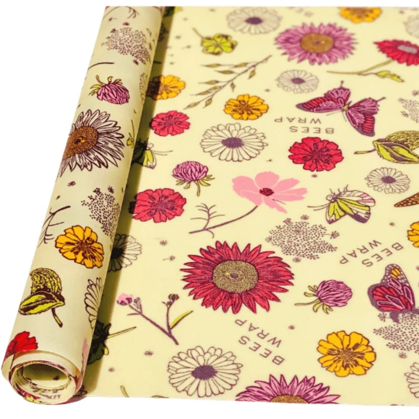 Close-up of Bee's Wrap vegan food wrap roll, 14x52 inches, showing the reusable, eco-friendly beeswax cloth for food storage.