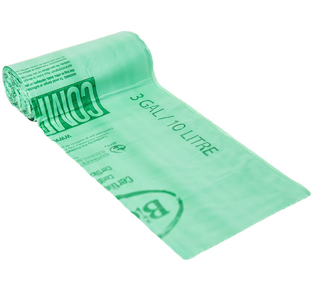 BioBag compostable 3-gallon food scrap bags in a box of 48, showing roll of eco-friendly waste disposal bags.