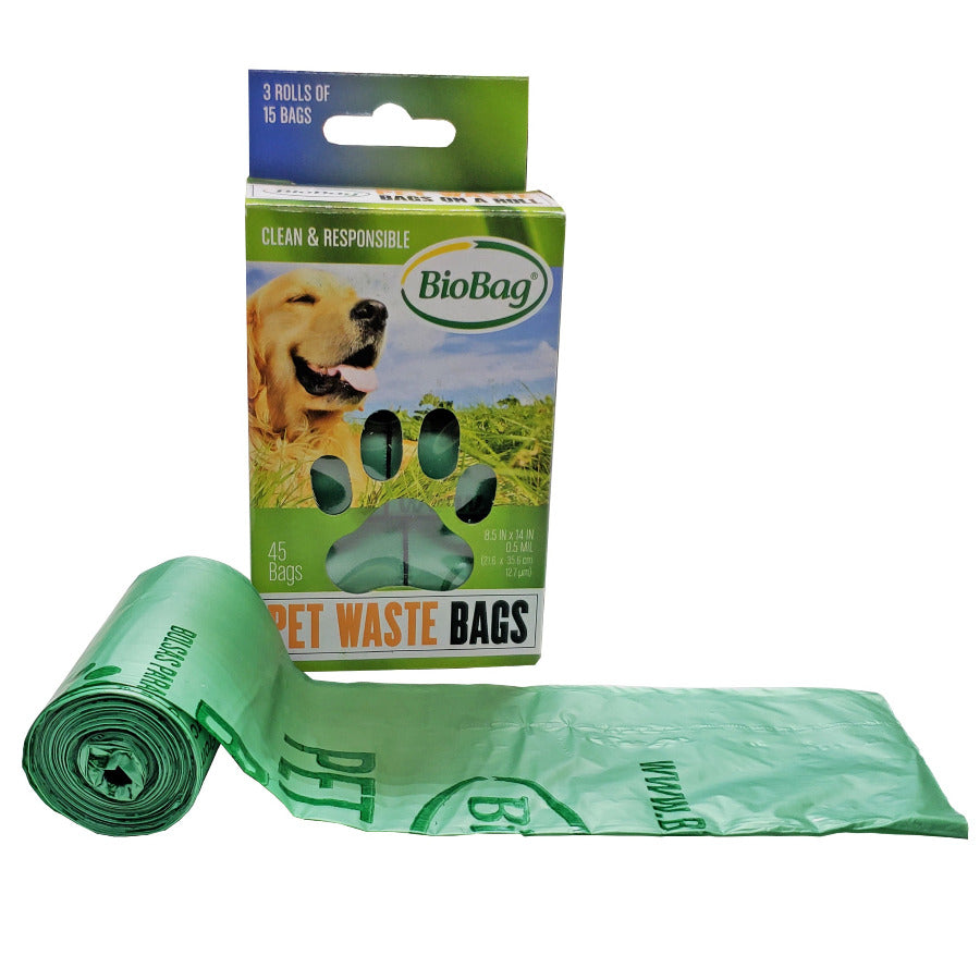 BioBag compostable pet waste bags on a roll, eco-friendly biodegradable bags for pet cleanup, 3-roll box with 45 bags.