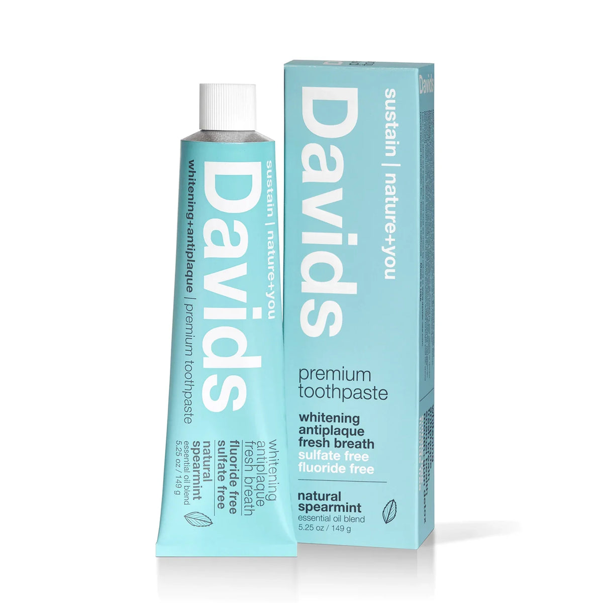 A tube of David's Natural Toothpaste with a spearmint flavor, featuring the product packaging with a spear graphic design.