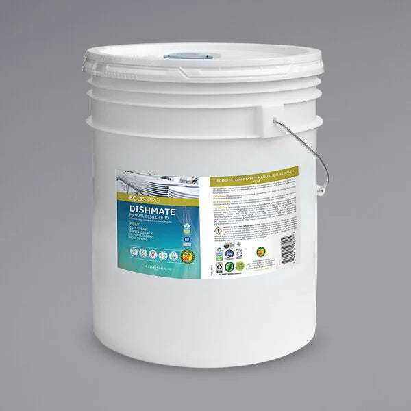 Eco-friendly ECOS Dishmate manual dish soap refill in a plant-based formula, shown in a bulk packaging container.