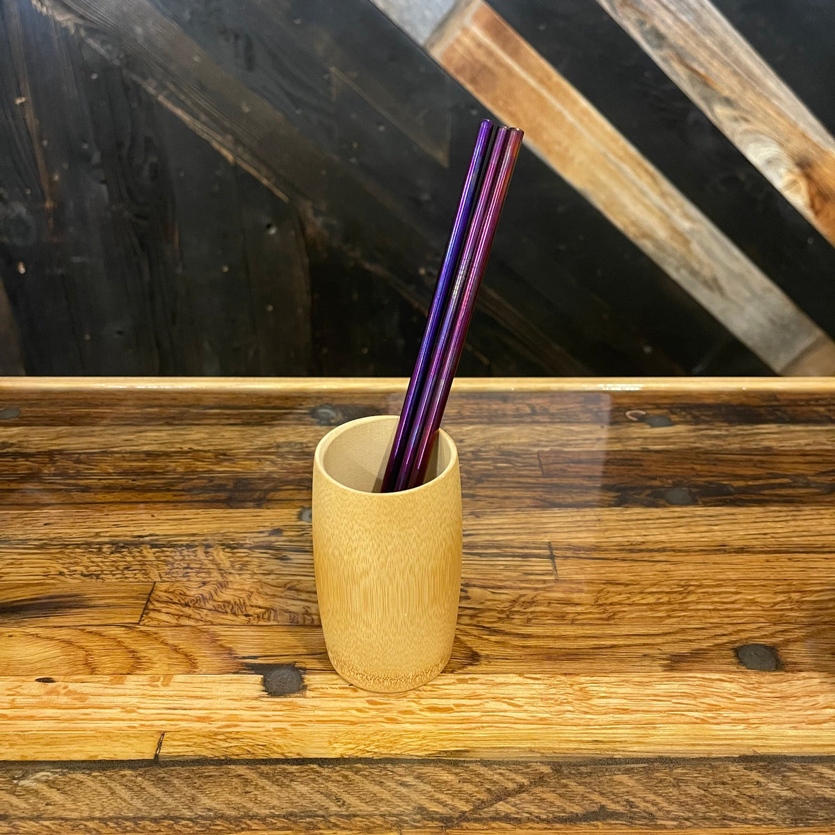 Set of assorted stainless steel straight straws from OTB Refills, showing multiple sleek, reusable drinking straws on a white background.