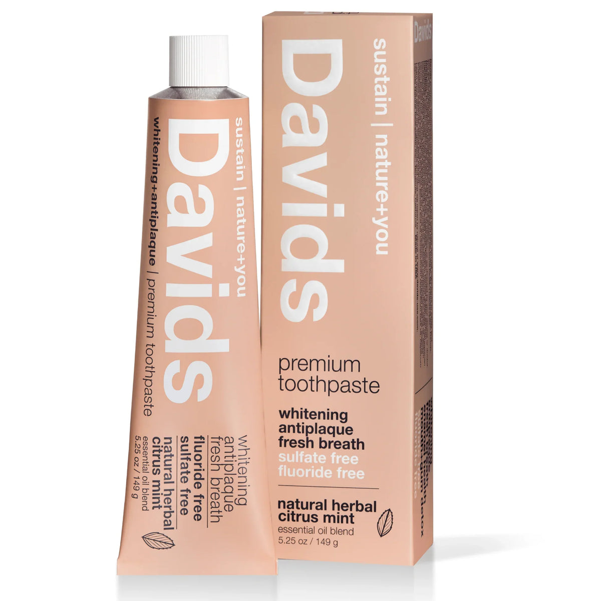 Herbal citrus flavored David’s Natural Toothpaste tube with herbal ingredients, designed for fresh breath and oral care.