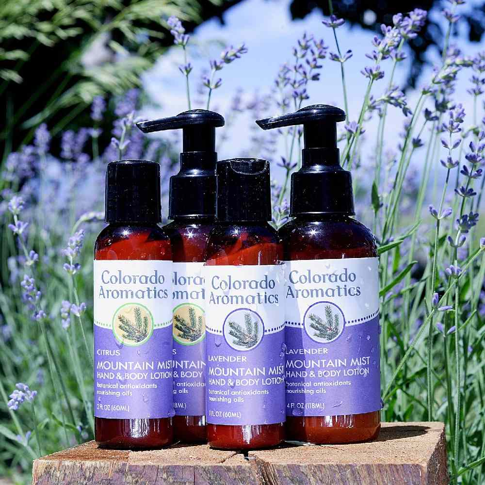 Colorado Aromatics hand and body lotion bottle with floral label, showcasing the moisturizing lotion for skin care.