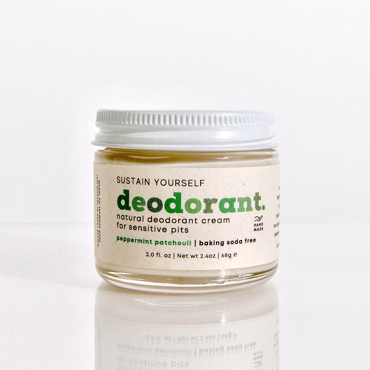 Sustain Yourself 2oz glass container of natural deodorant cream with a white lid, designed for effective odor control and freshness.