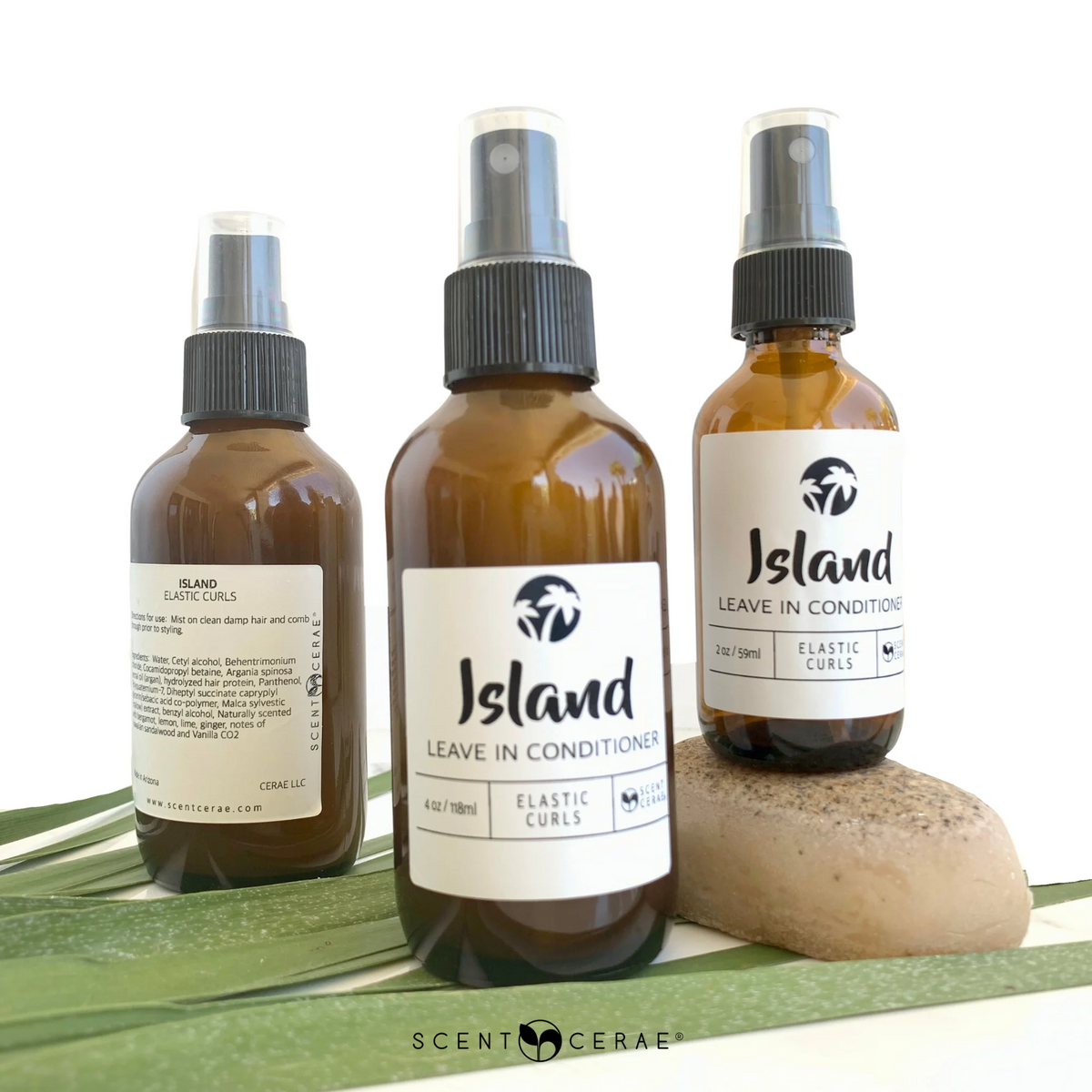 Scentcerae Leave-in Conditioner bottle with detailed label, showcasing a sleek white and purple design for hair care.
