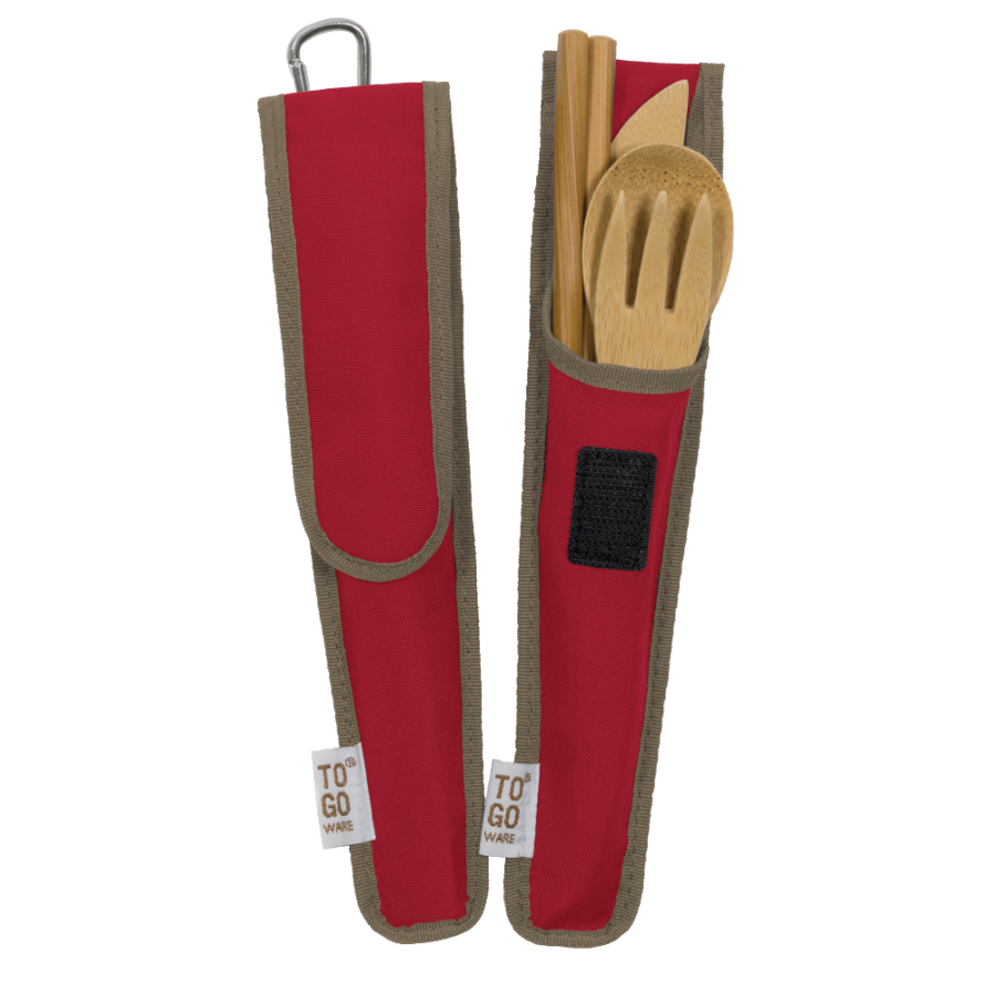 Adult bamboo utensil set by To-Go Ware with fork, knife, spoon, and carrying case on a white background.