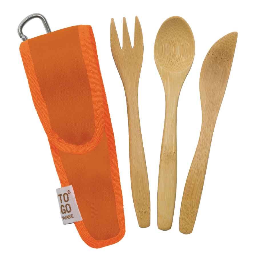 Kids bamboo utensil set from To-Go Ware, includes spoon, fork, and knife with colorful handles on a white background.