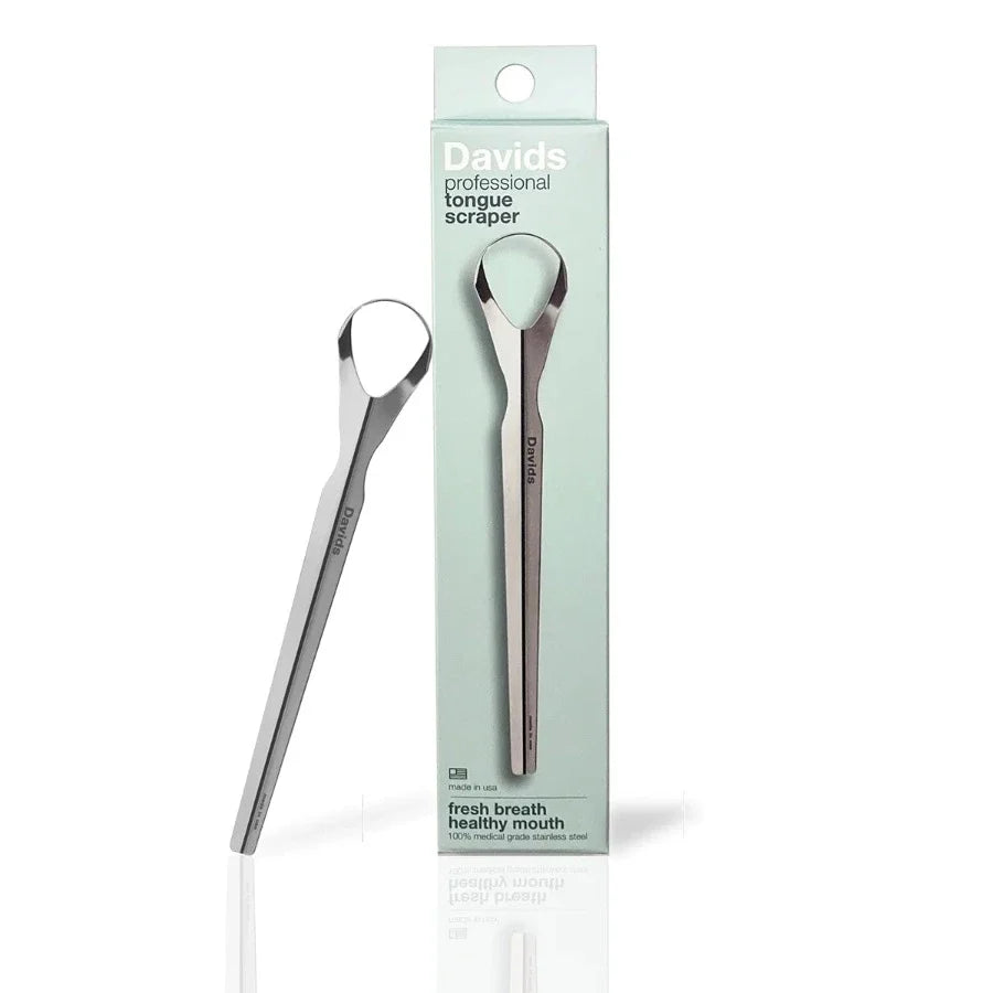 David’s Natural Toothpaste tongue scraper with ergonomic handle and stainless steel design for effective oral hygiene.