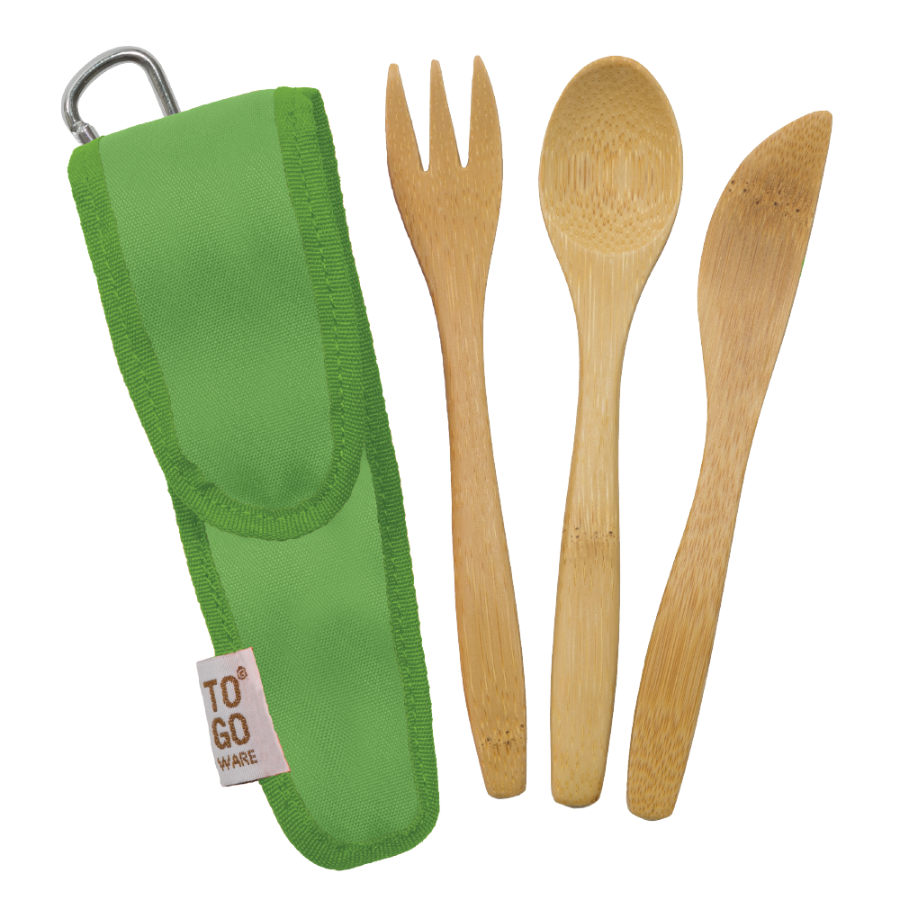 Kids bamboo utensil set from To-Go Ware with colorful spoons and forks, eco-friendly design for children's meals