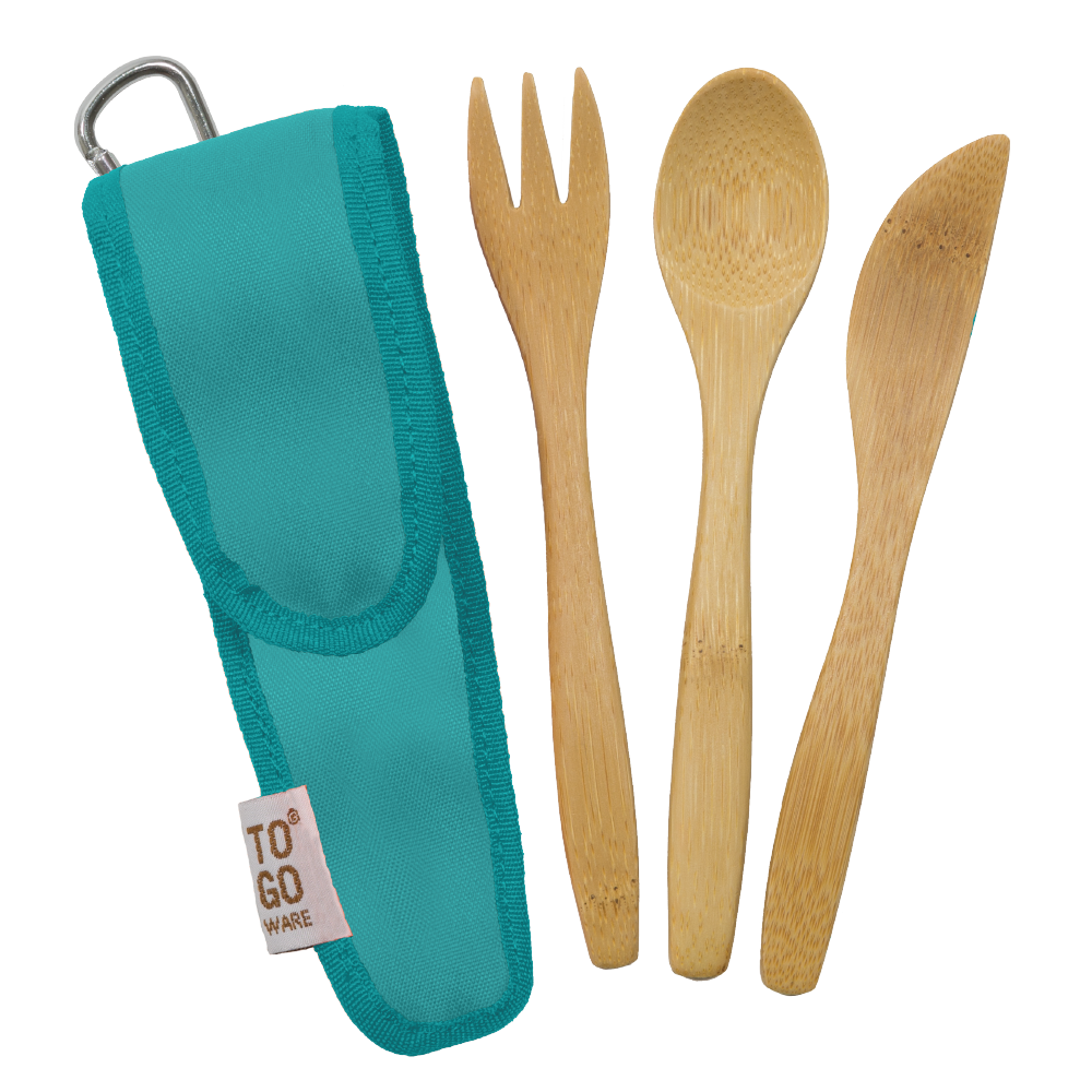 Kids bamboo utensil set by To-Go Ware with fork, spoon, and knife in natural bamboo finish, perfect for children’s meals.