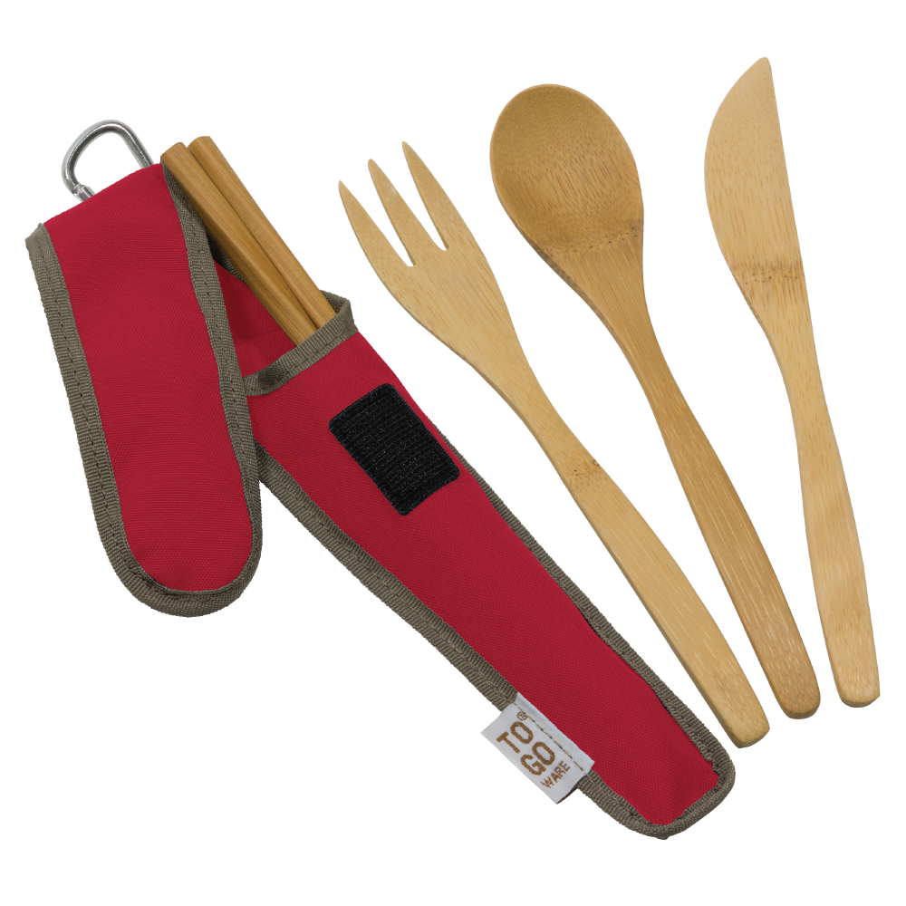 Adult bamboo utensil set from To-Go Ware with fork, knife, spoon, and carrying case on a white background.