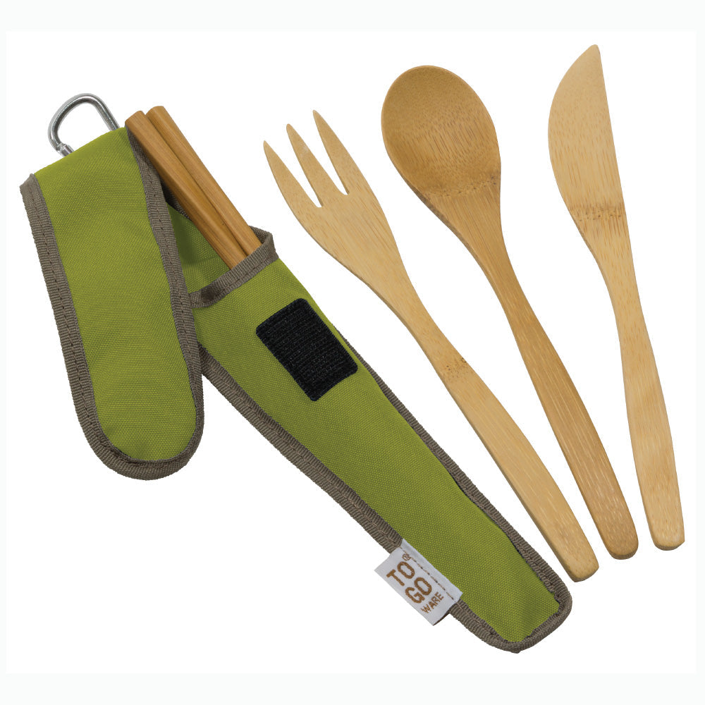 Adult bamboo utensil set by To-Go Ware, including fork, knife, spoon, and straw, all neatly arranged on a white background.