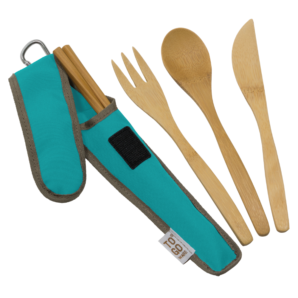 Adult bamboo utensil set by To-Go Ware, includes fork, knife, spoon, and chopsticks, all made from eco-friendly bamboo.
