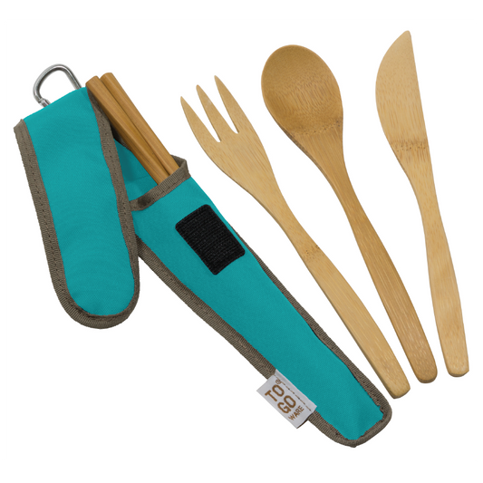 Adult bamboo utensil set by To-Go Ware, includes fork, knife, spoon, and chopsticks, all made from eco-friendly bamboo.