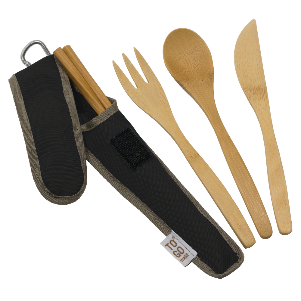 Adult bamboo utensil set by To-Go Ware, featuring eco-friendly fork, spoon, and knife with a carrying case.