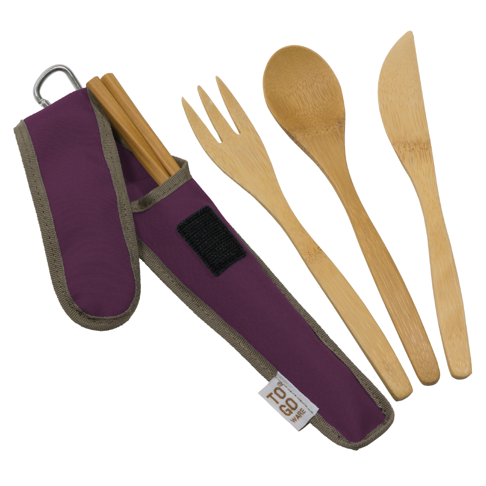 Adult bamboo utensil set by To-Go Ware, including fork, spoon, and knife, with natural bamboo finish on a clean background.