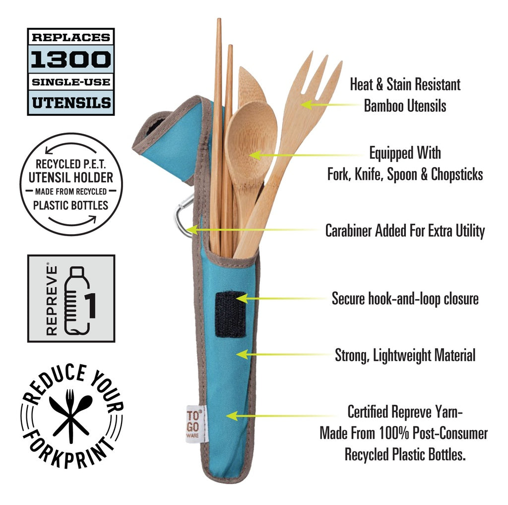 Adult bamboo utensil set from To-Go Ware, includes fork, spoon, and knife with eco-friendly bamboo handles.