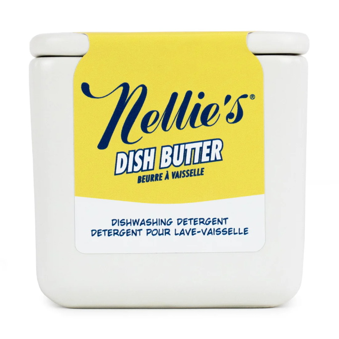 Nellie's Dish Butter dishwashing soap bottle with label and pump dispenser for eco-friendly cleaning.