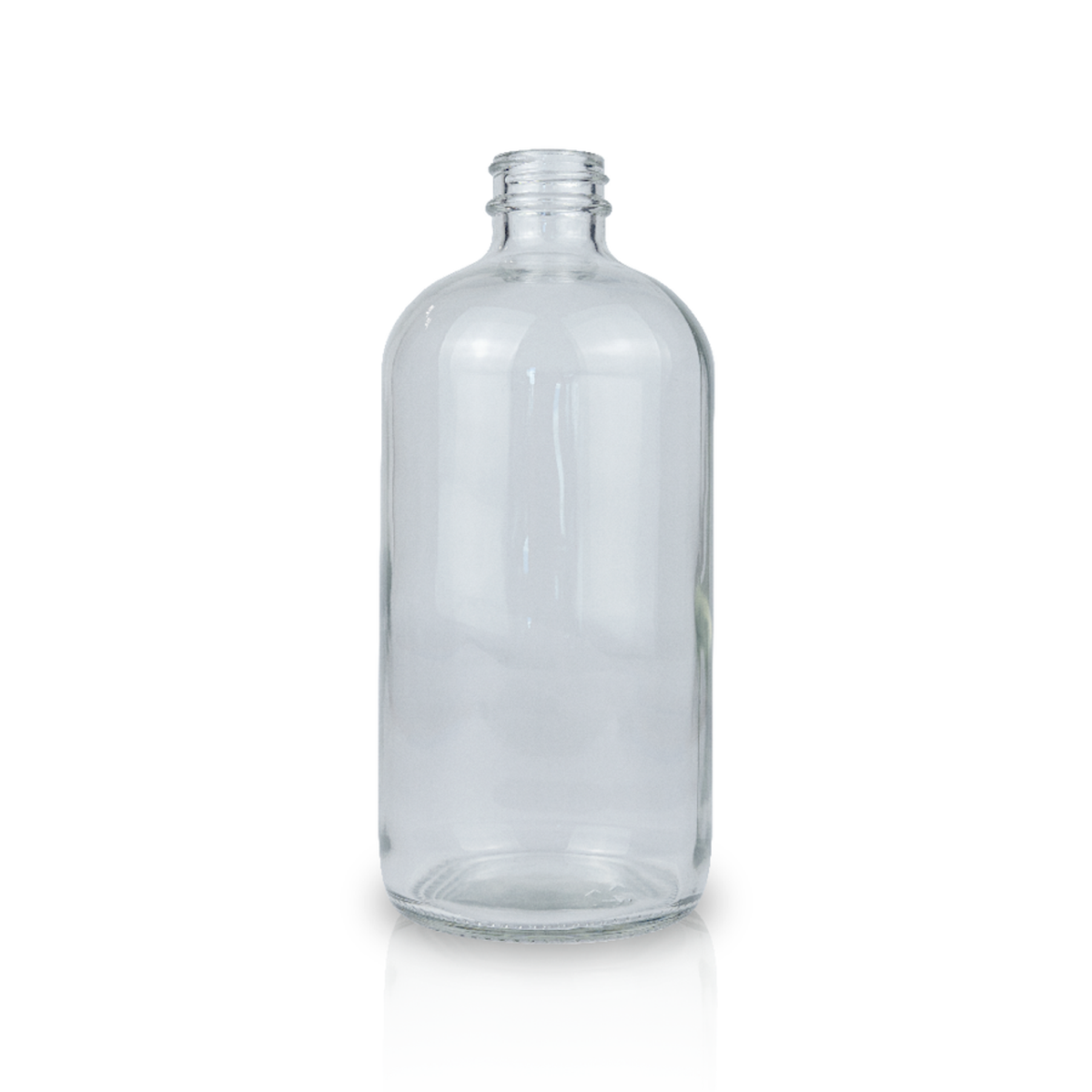 Clear glass Boston bottles in 16, 8, and 2 oz sizes by OTB Refills, shown with their sleek, cylindrical design and glass lids.