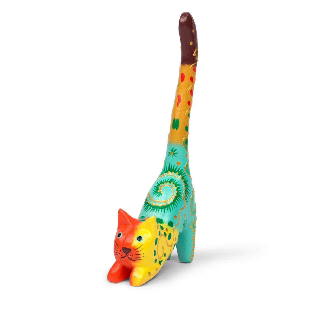 Krazy Kitty ring holder by Ten Thousand Villages featuring a colorful ceramic cat with a small dish for rings or jewelry.