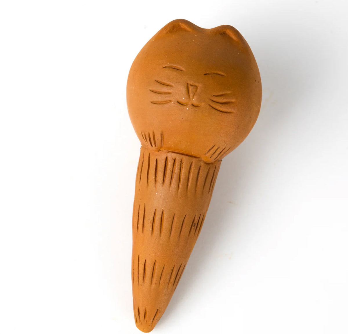 Self-watering plant cat figurine by Ten Thousand Villages, decorative ceramic cat with built-in watering system for indoor plants.