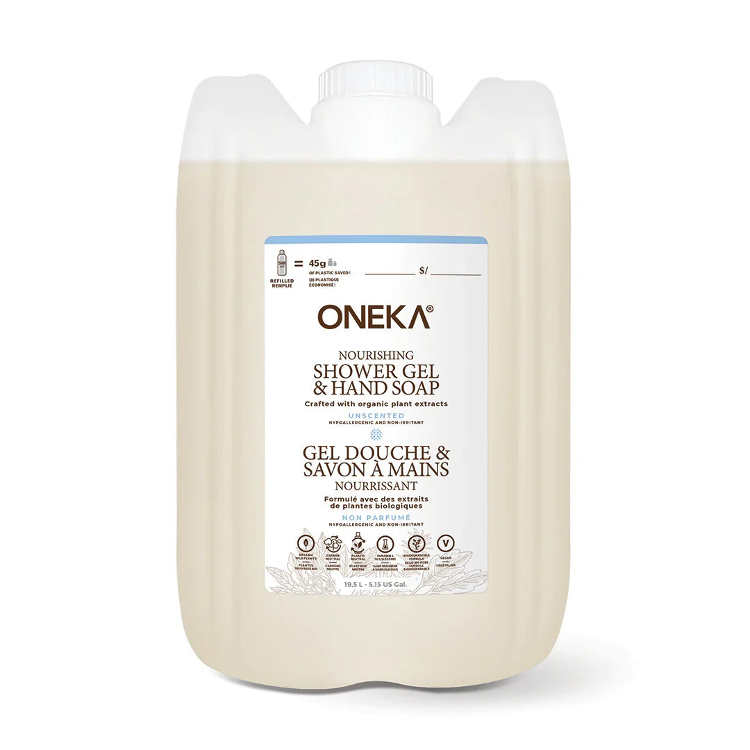 Oneka Hand and Natural Organic Body Wash bottle with label, showcasing the eco-friendly natural skincare product.