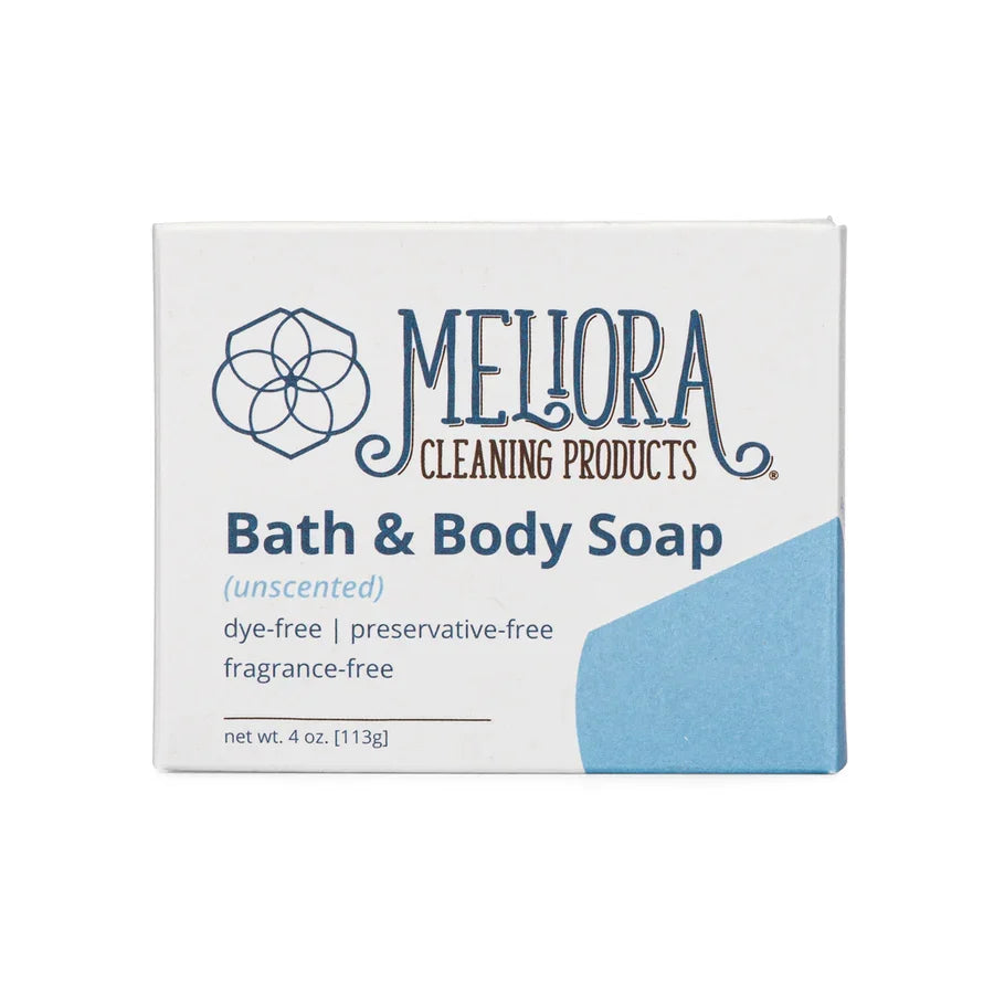 Meliora Bar Soap with natural ingredients, showing a clean, handmade soap bar with a textured surface and eco-friendly packaging.