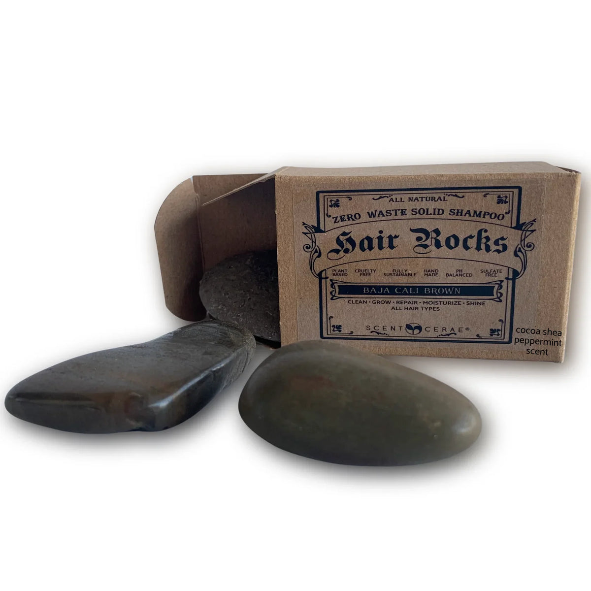 ScentCerae Hair Rocks natural shampoo bar with herbal ingredients, showing a rectangular soap-like bar with textured surface.