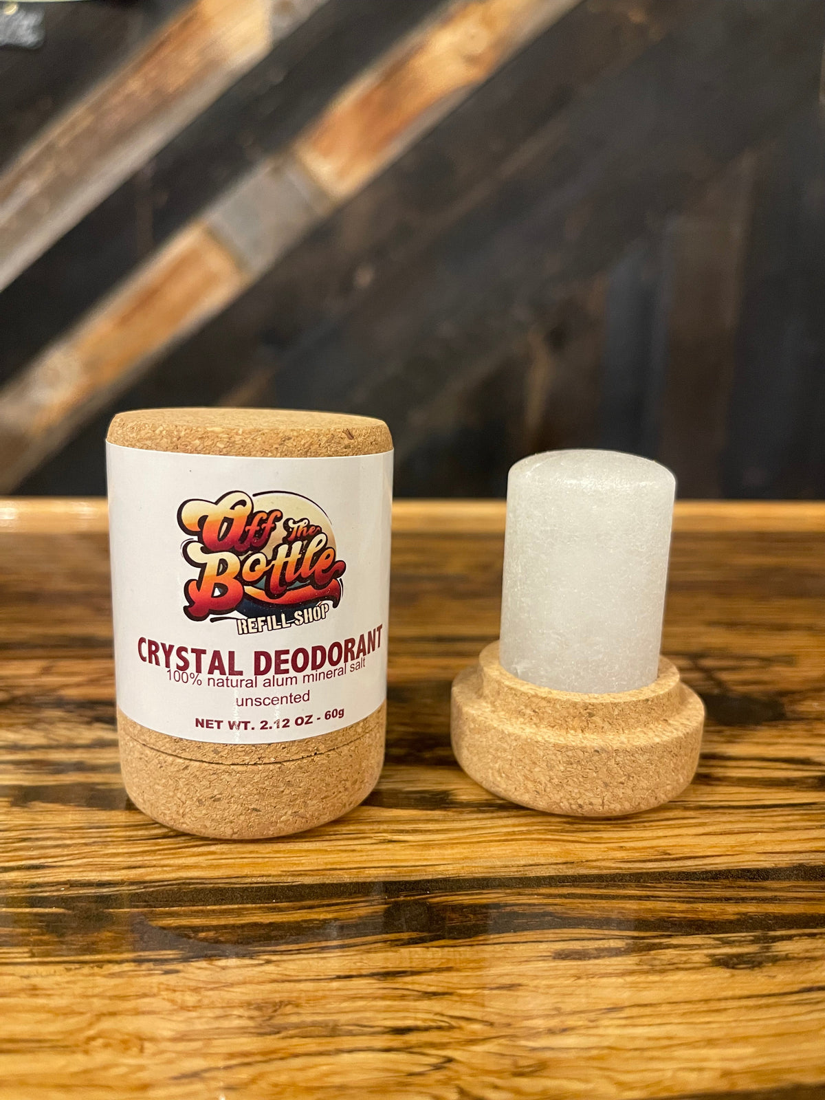 Salt Crystal Deodorant Stick from OTB Refills, cork pack, showing the natural salt crystal surface and stick in a clear container.