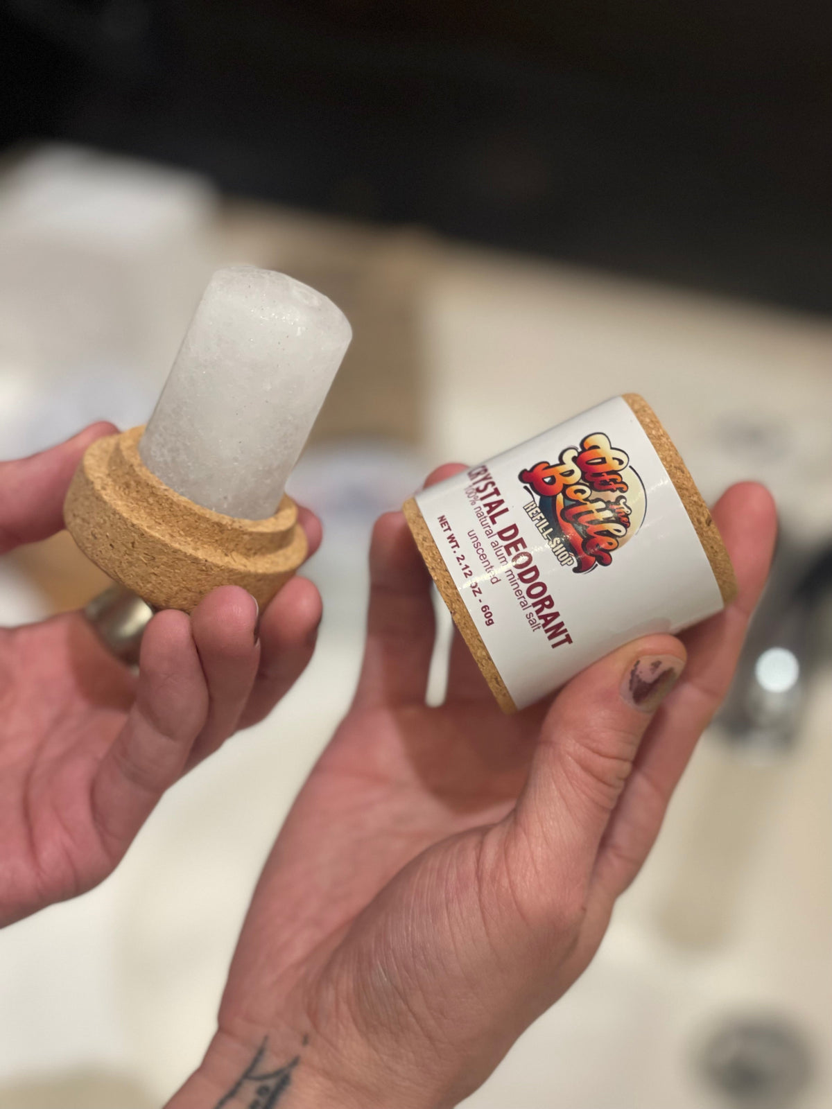Salt Crystal Deodorant Stick from OTB Refills in cork pack, showing the natural salt crystal block in a sleek container.