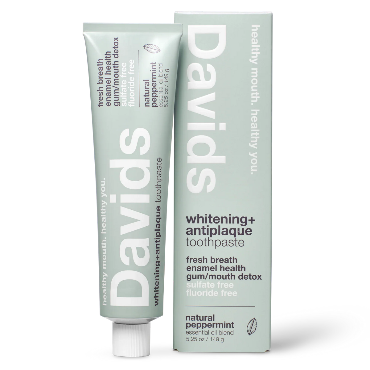 Image of David’s Natural Toothpaste tube with mint flavor, featuring a clean, white packaging and fresh mint leaves in the background.