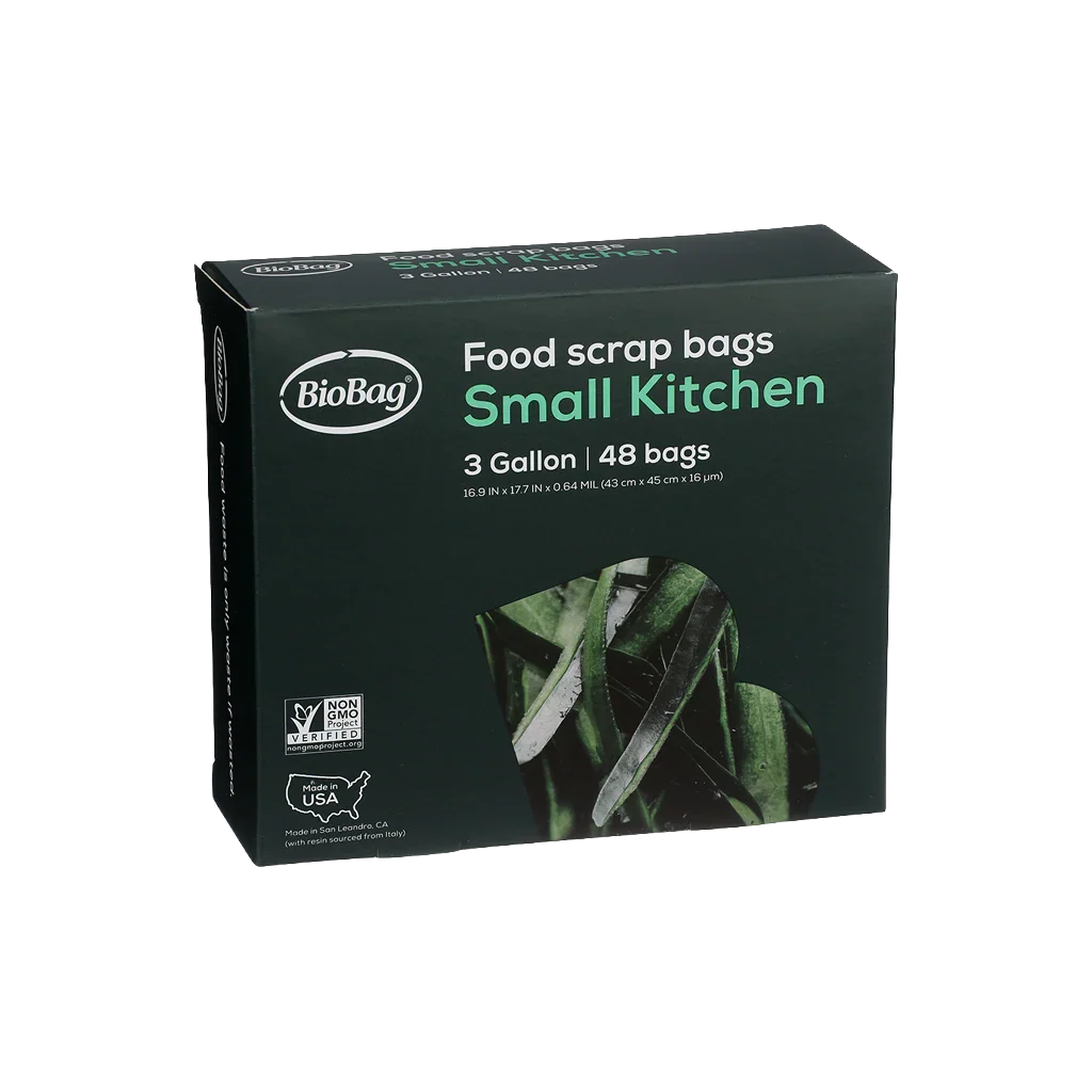 BioBag compostable 3-gallon food scrap bags in a box of 48, eco-friendly biodegradable waste disposal bags for kitchen composting.