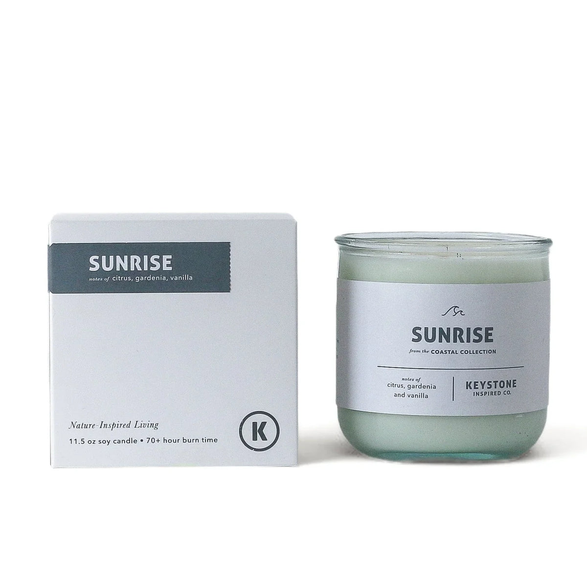 Keystone Inspired 11.5 oz soy candle in clear glass jar, showcasing a cozy, natural wax candle with a single wick.