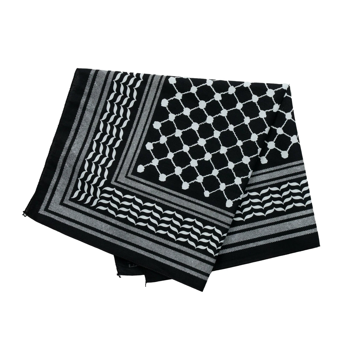 Stitch4pali 100% cotton keffiyeh bandana featuring a traditional black and white geometric pattern, worn as a versatile head or neck accessory.