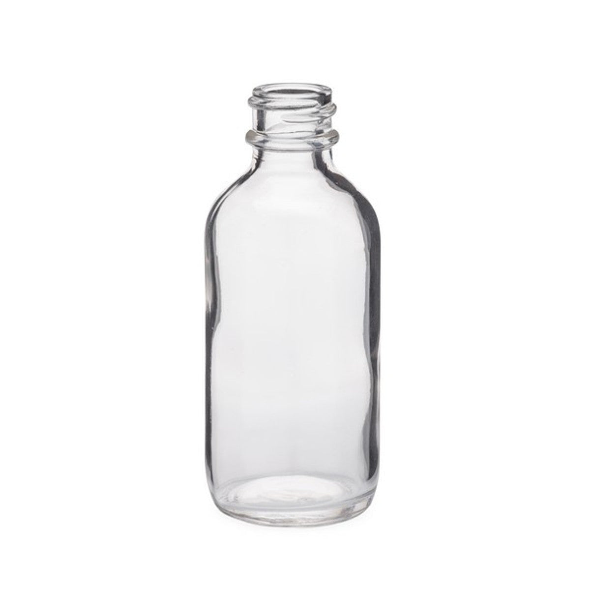 Set of clear glass Boston bottles in 16, 8, and 2 oz sizes from OTB Refills, showcasing their sleek design and sturdy glass construction.